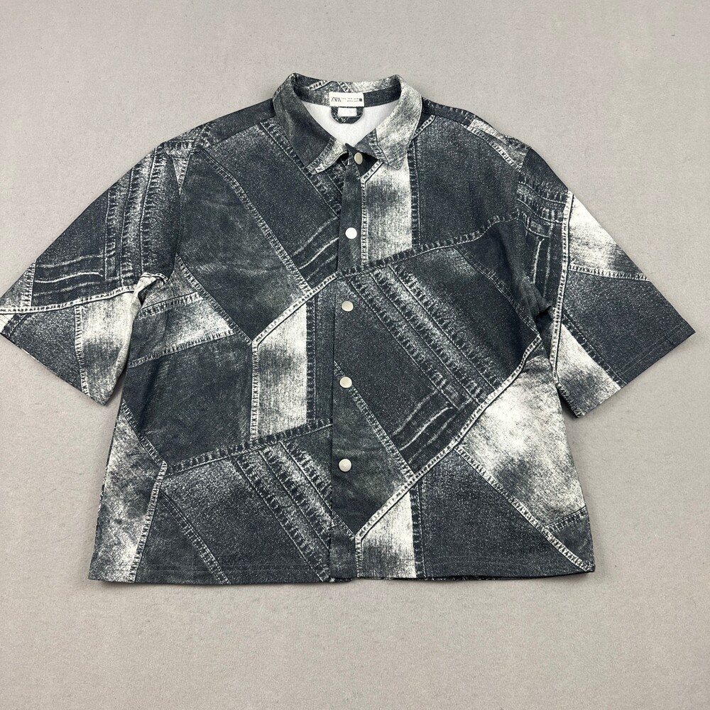 Zara Shirt Men XL Black White Patchwork Denim Print Snap Button Short Sleeve